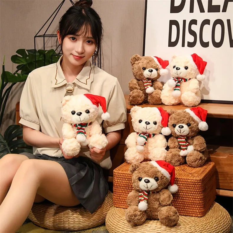 25cm brown plush bear Christmas decoration with net pocket packaging