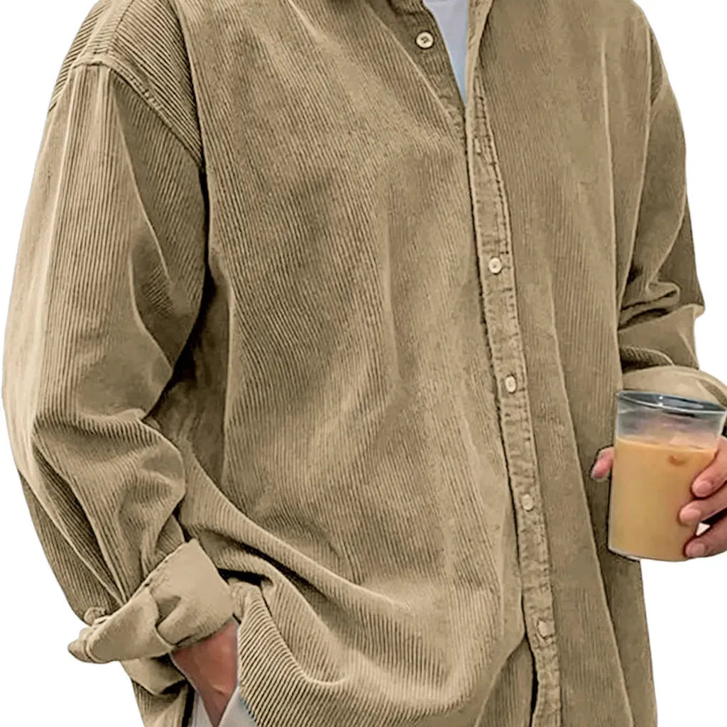 Men's casual loose fit corduroy shirt jacket in solid colour, polyester cardigan style for autumn winter