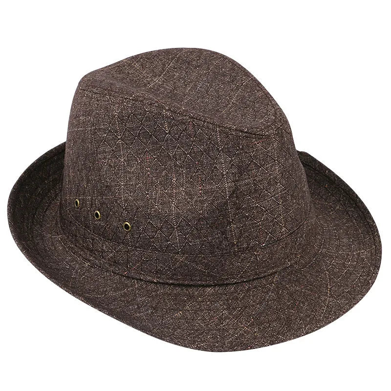 Classic brown fedora hat for men with a reinforced brim, shown on a wooden stand.