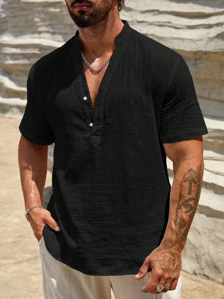 Men's solid colour short-sleeve shirt with a stand collar in a light blue shade.