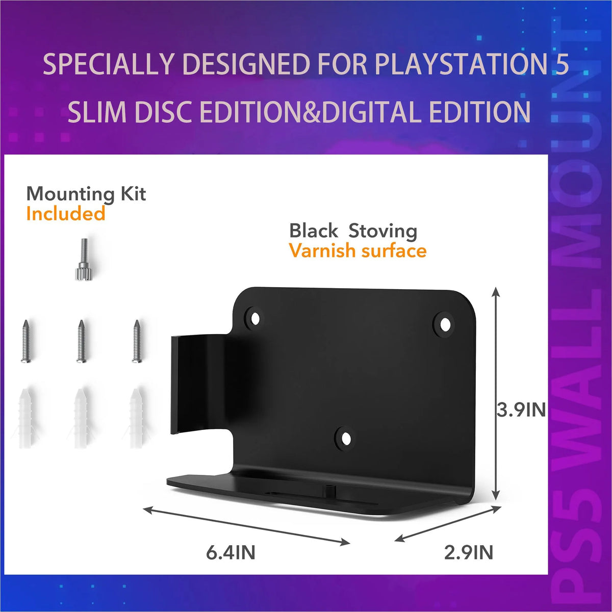 Aluminium alloy wall mount bracket for PS5 Slim console, black or white, 162mm x 100mm x 75mm, with screws and plugs.