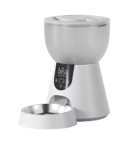 Automatic cat feeder with built-in camera showing 4L food tank and control panel