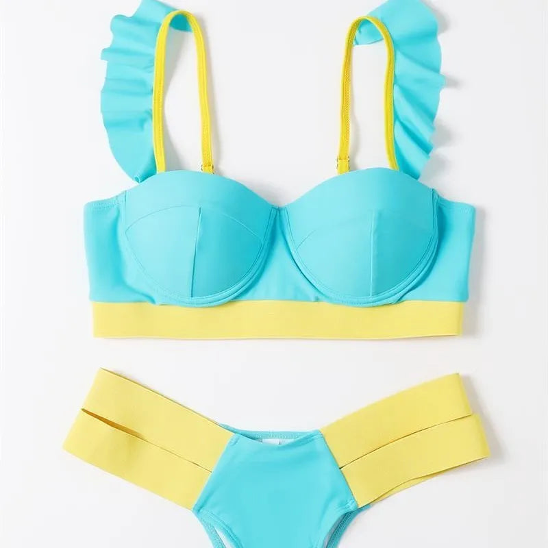 Women's steel bracket push-up bikini swimsuit in contrast colours with nylon fabric construction