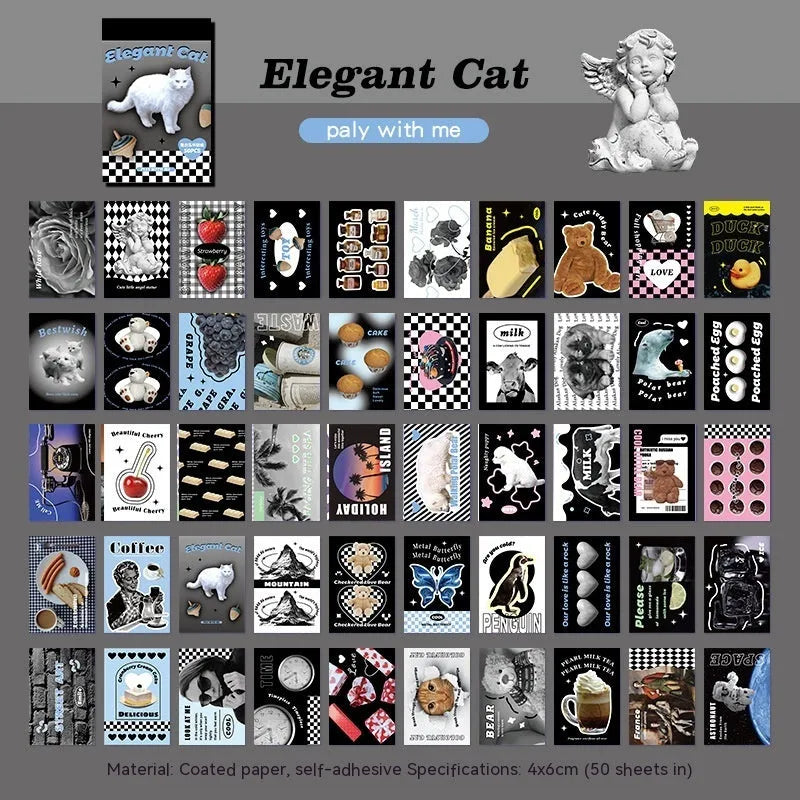 American retro cartoon style sticker book open to show 4x6cm sheets in one of six colour options.