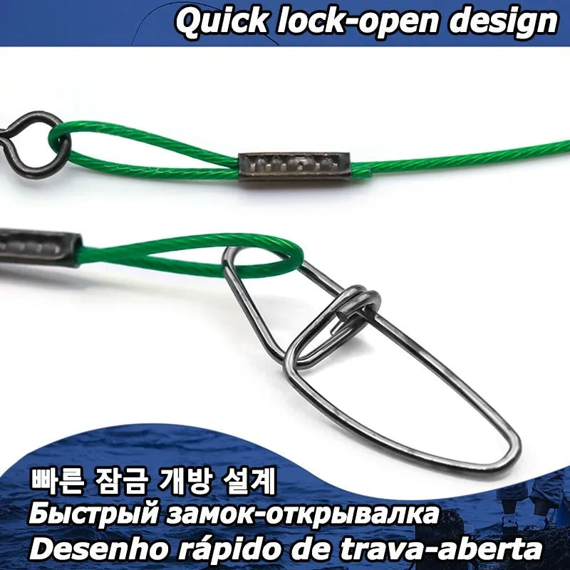 Set of steel wire fishing leaders in black, green, and red with double buckle pins.