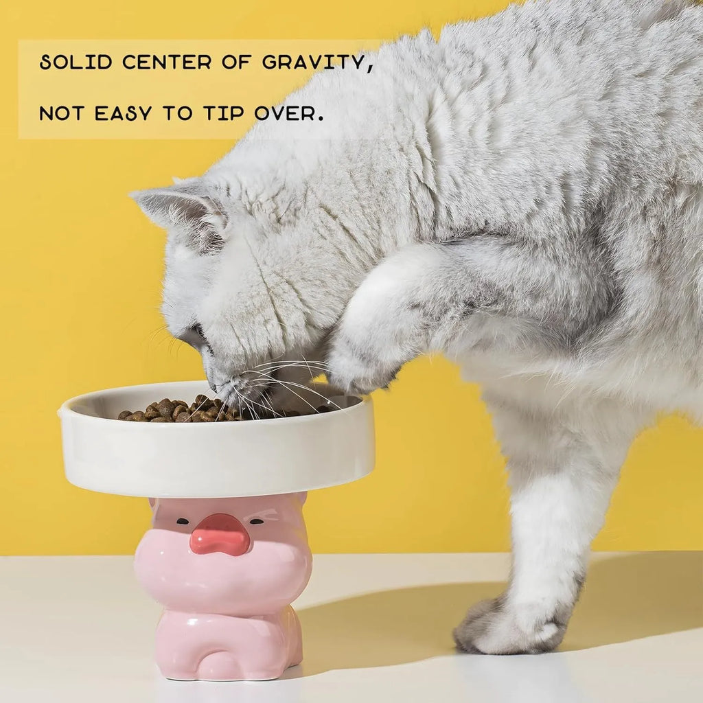 Raised ceramic cat bowl in animal design, showing 4.92-inch height and wide 15cm bowl.