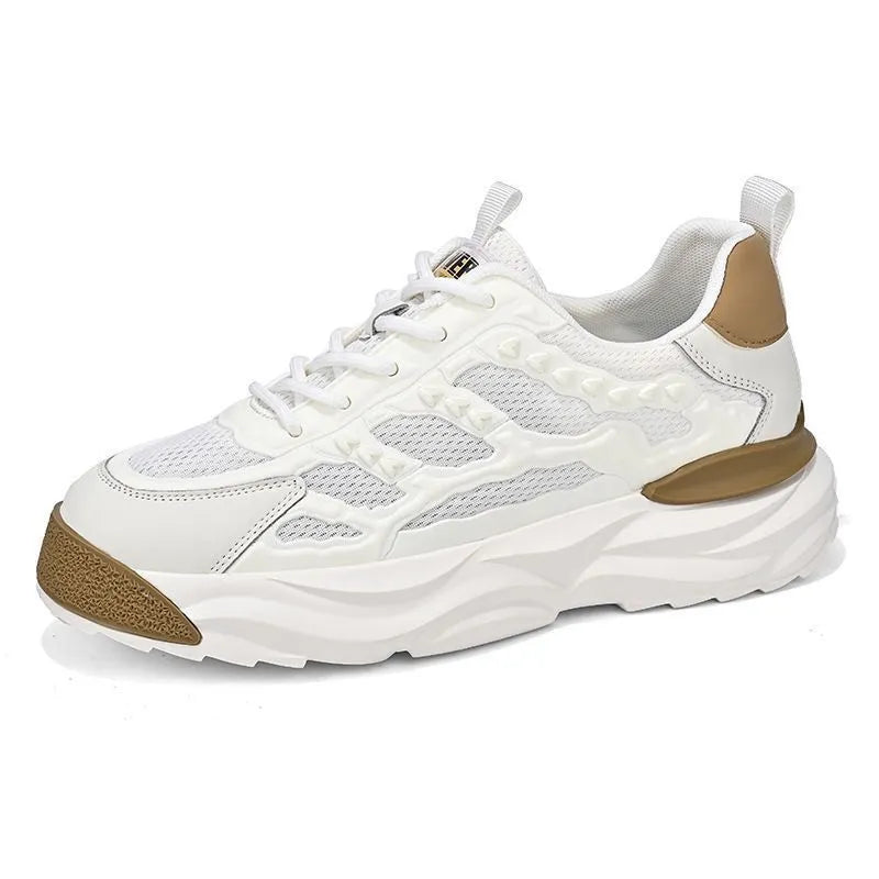 Men's white and black breathable mesh casual shoes with round toe and PU mesh upper
