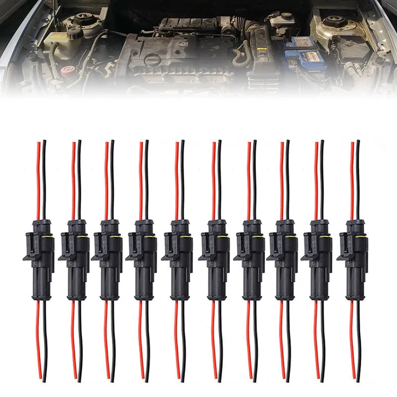 2-pin car waterproof wire connector plug socket 7cm cable copper black 10 pack