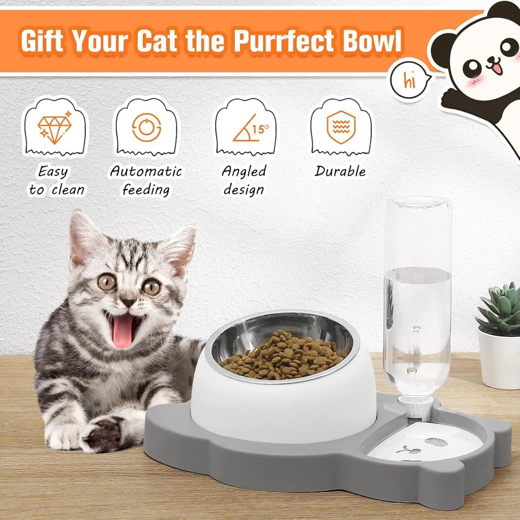 Grey elevated pet bowl set with automatic water bottle and panda design for cats and small dogs