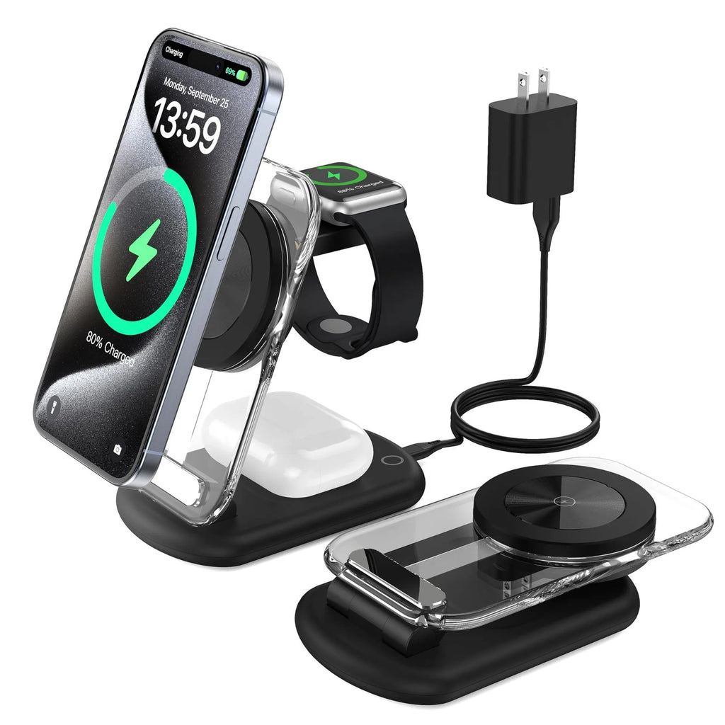 Clear folding wireless charger showing three internal coils, propped upright charging a mobile phone.