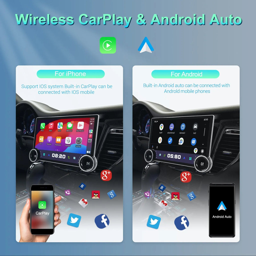 11.8-inch Android car multimedia player with double rotary knobs and wireless CarPlay connectivity