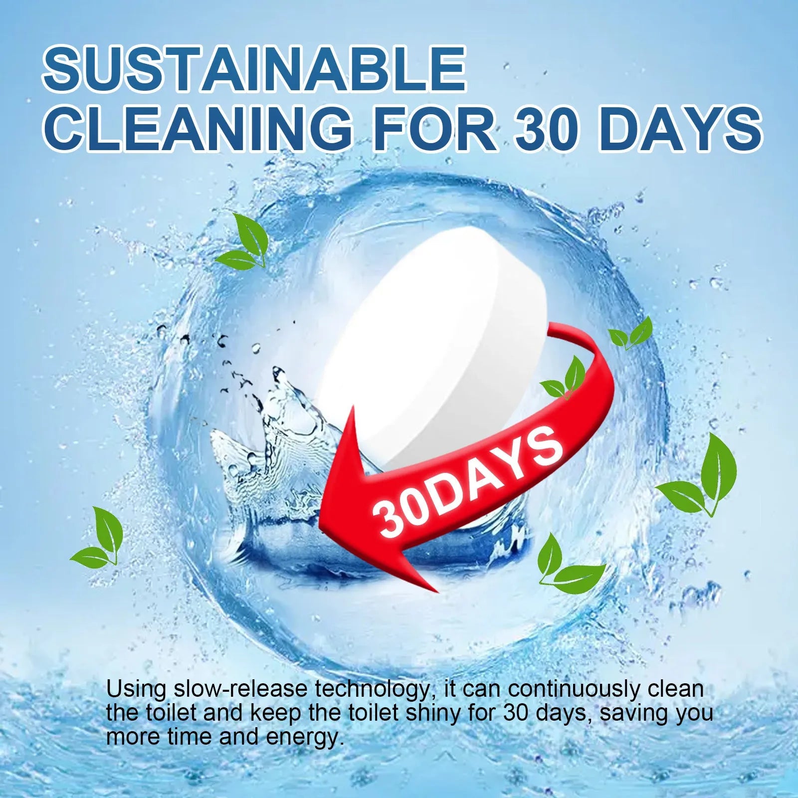 Pack of 12 toilet cleaning effervescent tablets with product size 1.6cm each in 10cm packaging