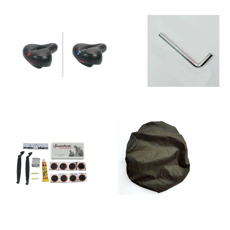Black bicycle saddle with silicone padding and two visible steel springs underneath, shown with a waterproof cover and tools.