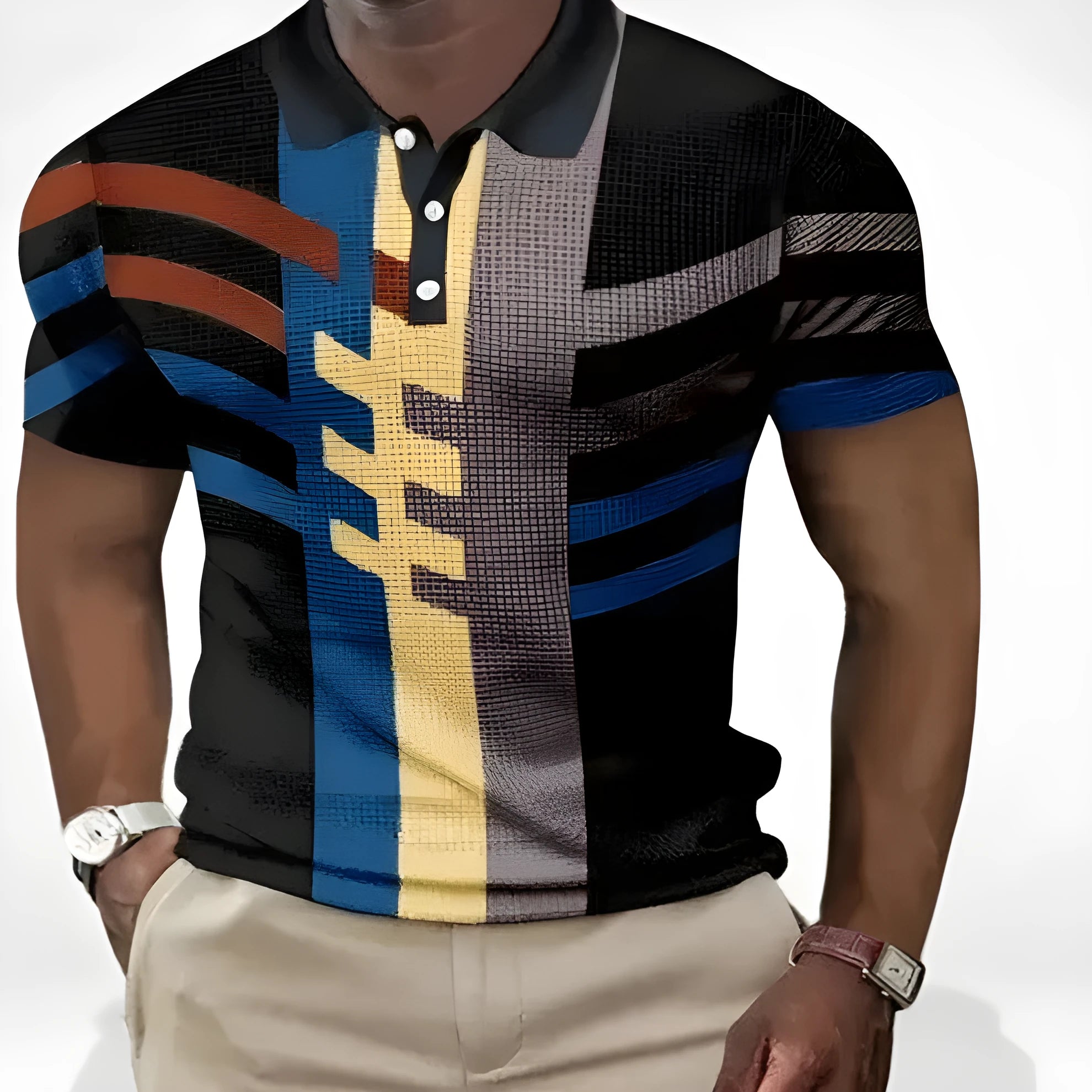 Summer men's casual retro loose fit short sleeve polyester top in size XL, view from front