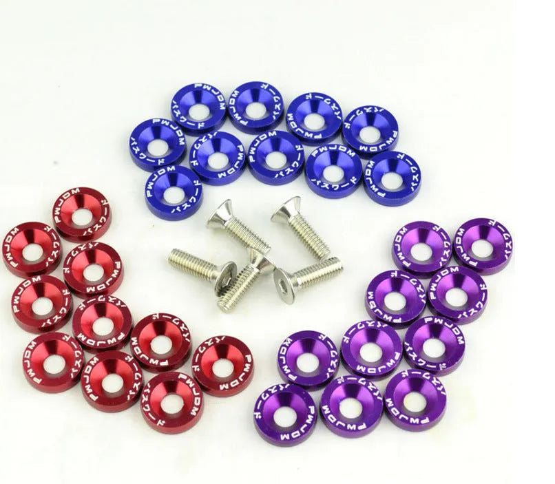 Car modification gasket screw and washer kit in eight colour options including black, red, blue, and gold yellow