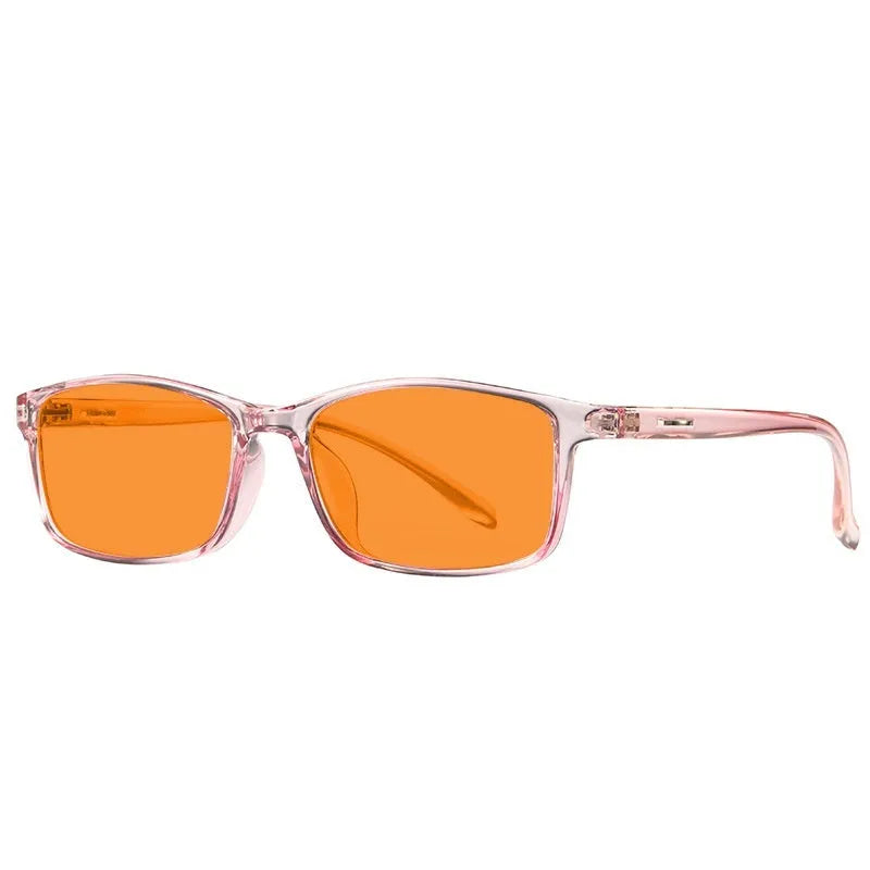 Anti-blue light glasses with orange lenses and full-rim frames in four colour options.