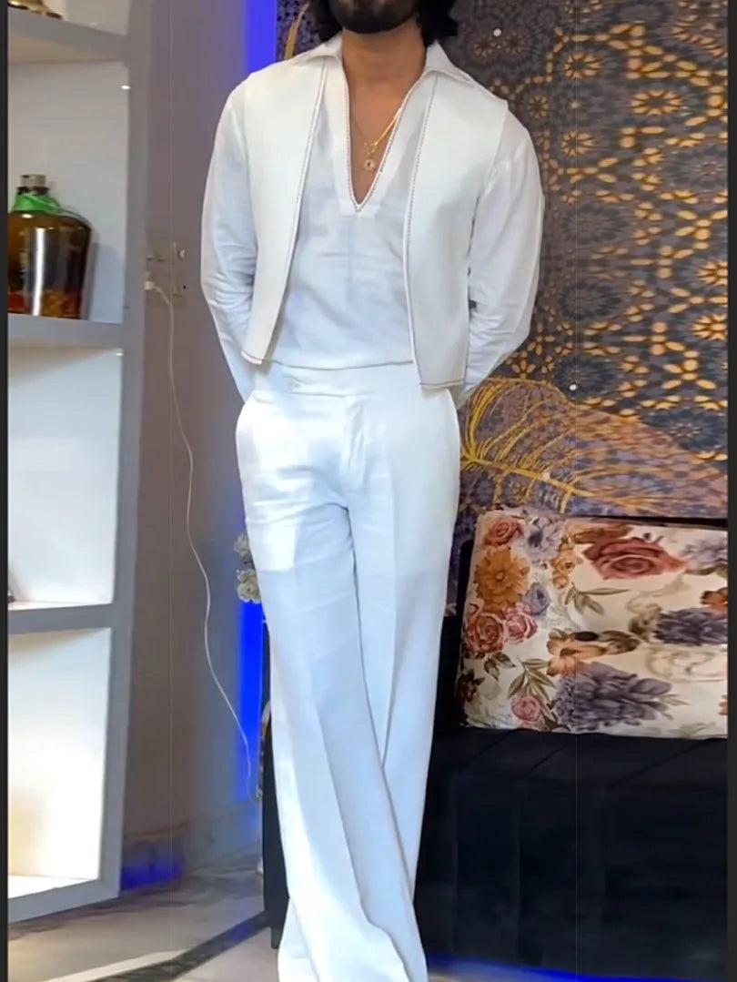 White polyester three-piece men's outfit showing V-neck shirt, sleeveless vest, and full-length trousers