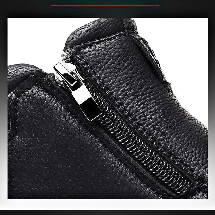 Men's cotton shoes with plush insulation, black, flat heel, round toe, visible sewing on upper