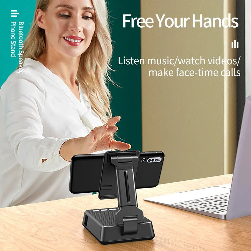 Black mobile phone desk stand with integrated Bluetooth speaker and microphone for live streaming