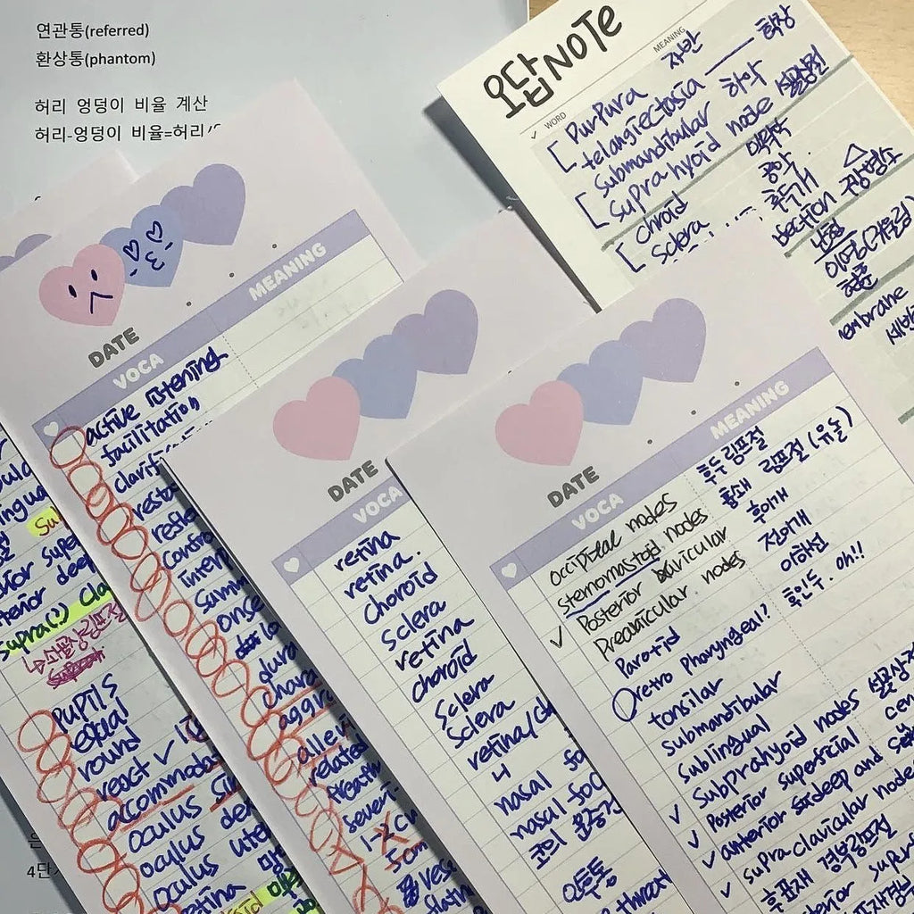 Vertical half-B5 notepad with blue cover, showing 30 pages for English word lists.