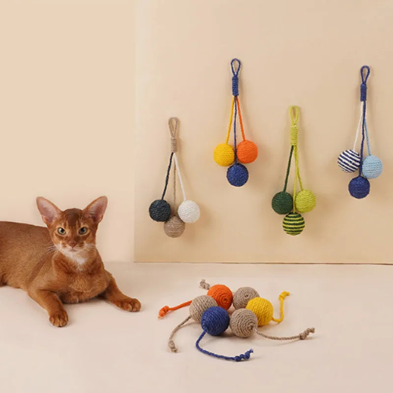 Cat toy set showing teaser wand with catnip ball attachment in multiple colour options