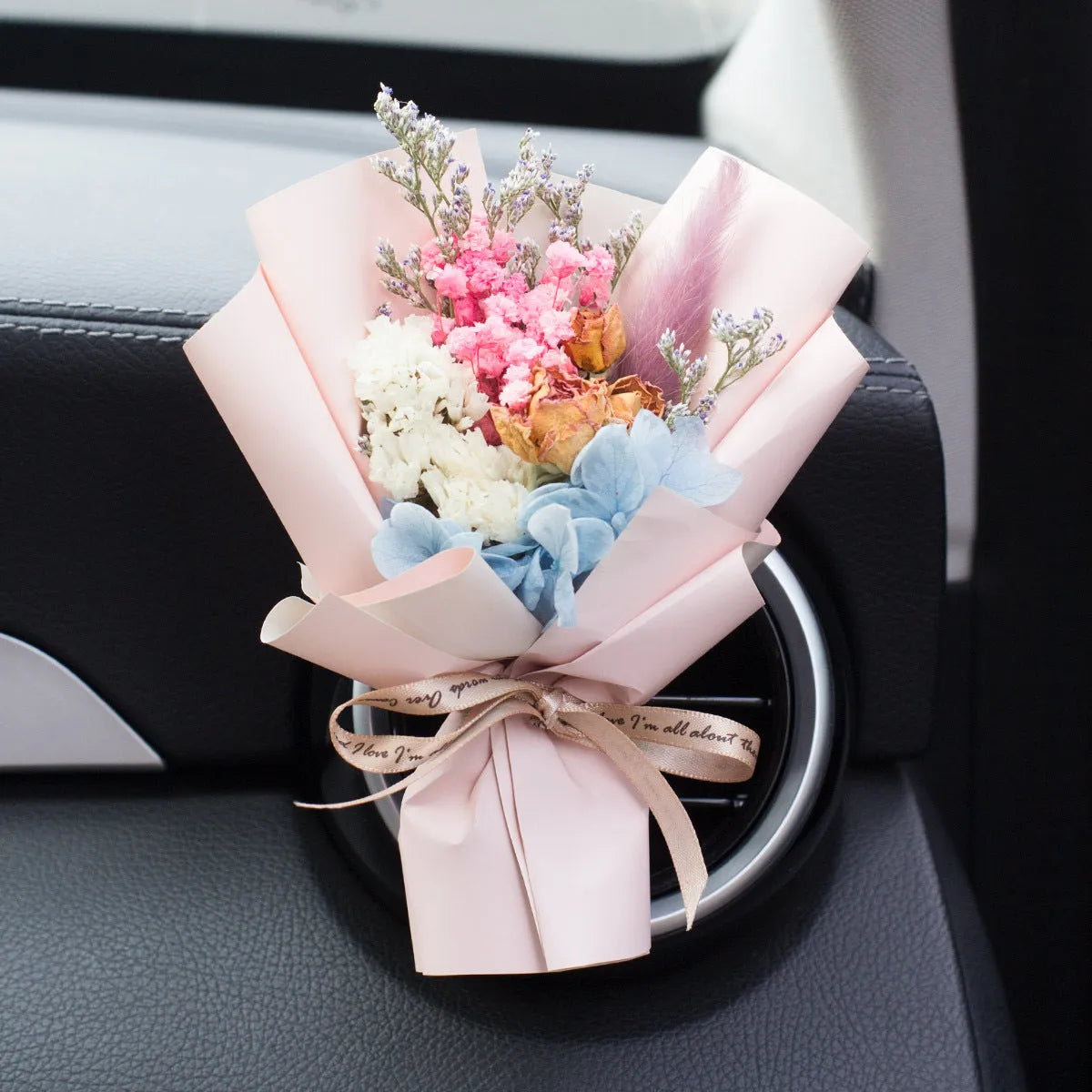 Handmade dried flower car vent perfume with scented inserts in various colours