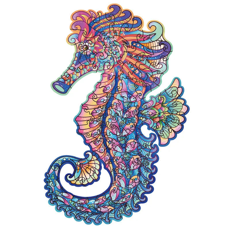 Irregular three-dimensional seahorse shaped wooden puzzle on a flat surface with colour options A3 A4 A5