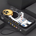Silicone iPhone case with cartoon astronaut and planet design in black, khaki, or sea blue.