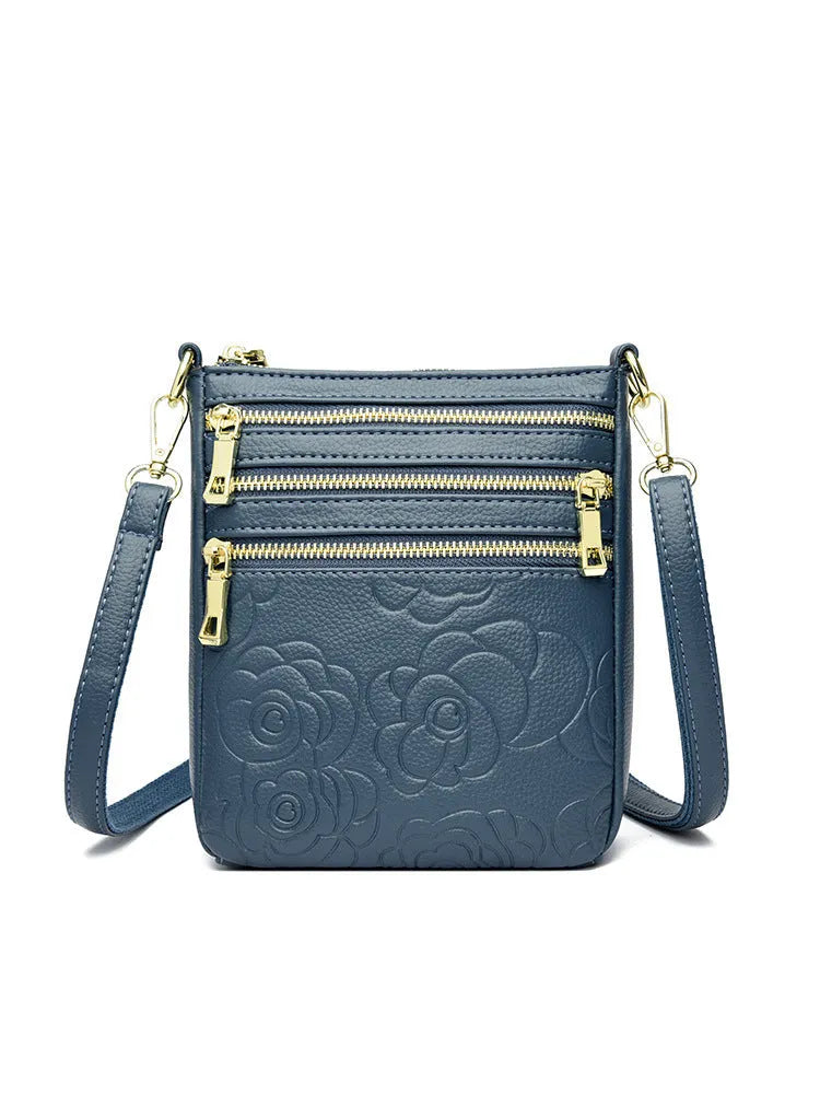 Five-layer soft PU leather embossed shoulder crossbody bag in beige, horizontal square shape, double-jointed strap