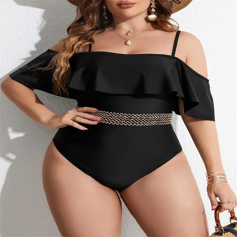 Black women's one-piece swimsuit in polyester fabric available in sizes 0XL to 4XL