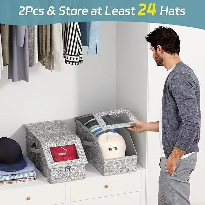 Grey foldable and stackable woven fabric storage box for organising baseball caps and shoes.