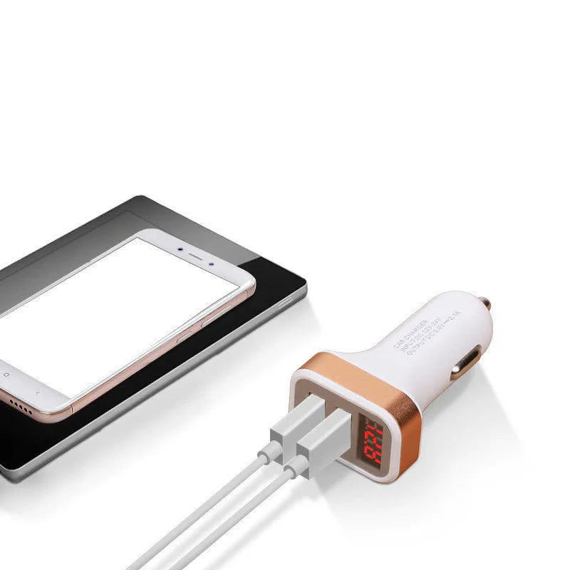 Mini digital display car charger with dual USB ports in gold or silver finish