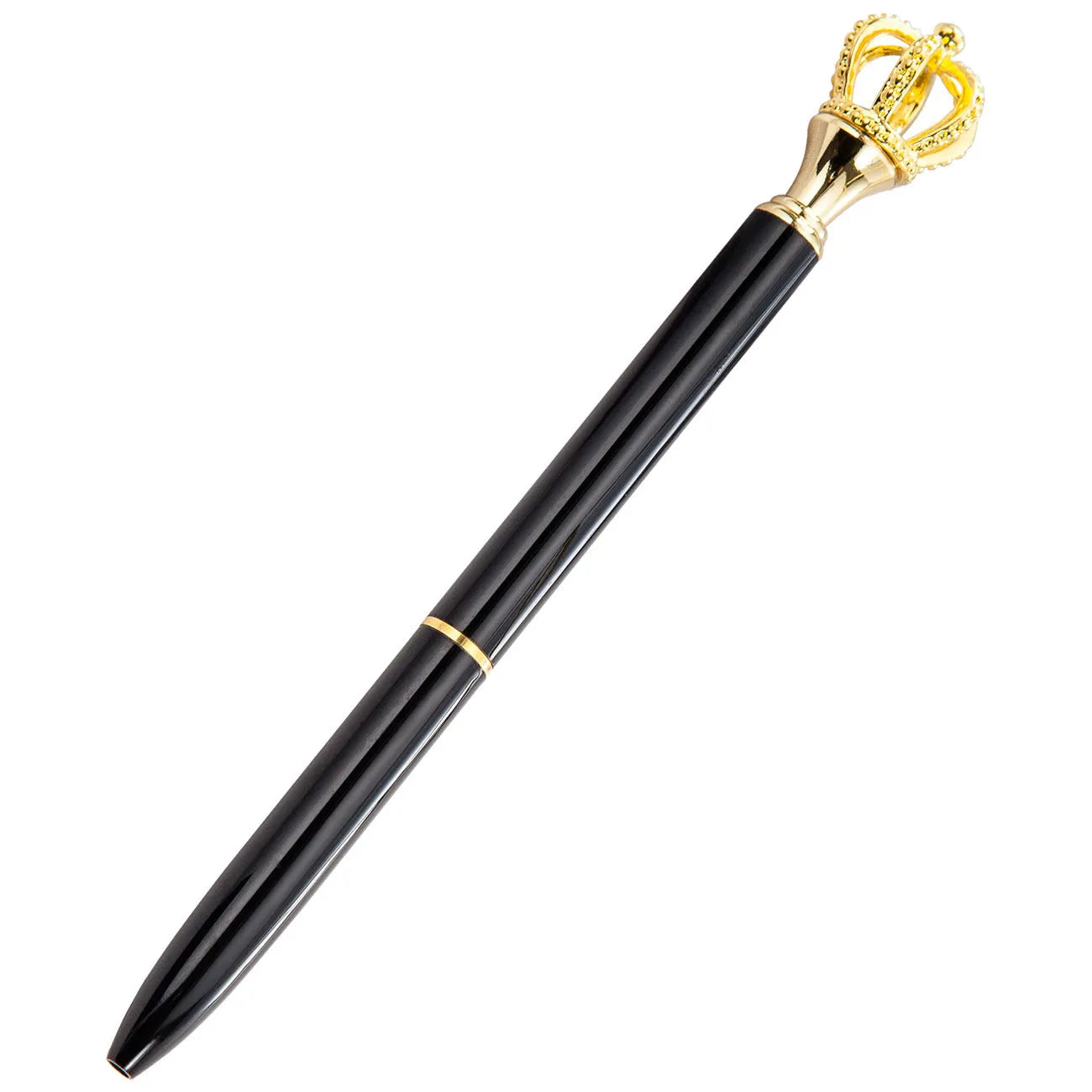 Crown band diamond metal ballpoint pen in gold colour with rotating mechanism on a white background