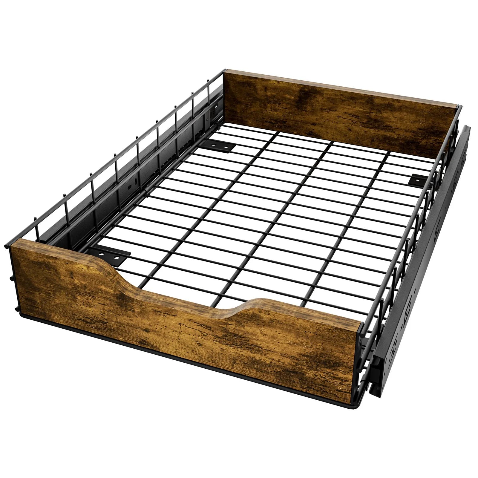 Black two-tier pull-out kitchen storage rack with basket drawers, made from wood and iron.