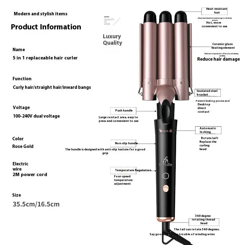 Rose gold five-in-one tube replacement hair curler with LCD display and multiple international plug compatibility