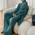 Women's knitted three-piece set with wide-leg pants, coat and leather stitching in apricot