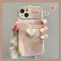 Large window lambskin silicone phone case in coffee colour with three-dimensional relief pattern compatible with iPhone