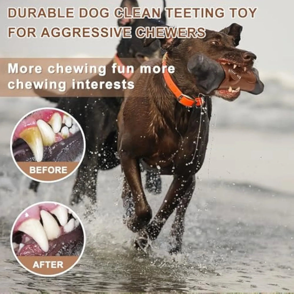 A brown, branch-shaped durable nylon dog chew toy with texture, suitable for large aggressive chewing dogs.
