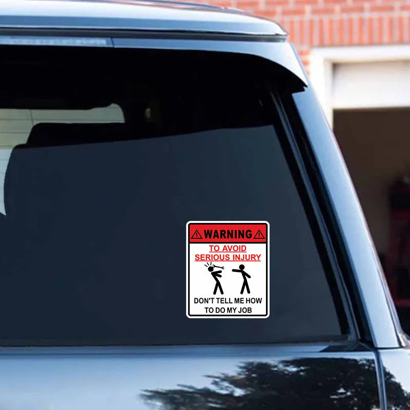 White rectangular adhesive safety sticker with black text reading warning to avoid serious injury, sized 14.9 by 12.6 centimetres.