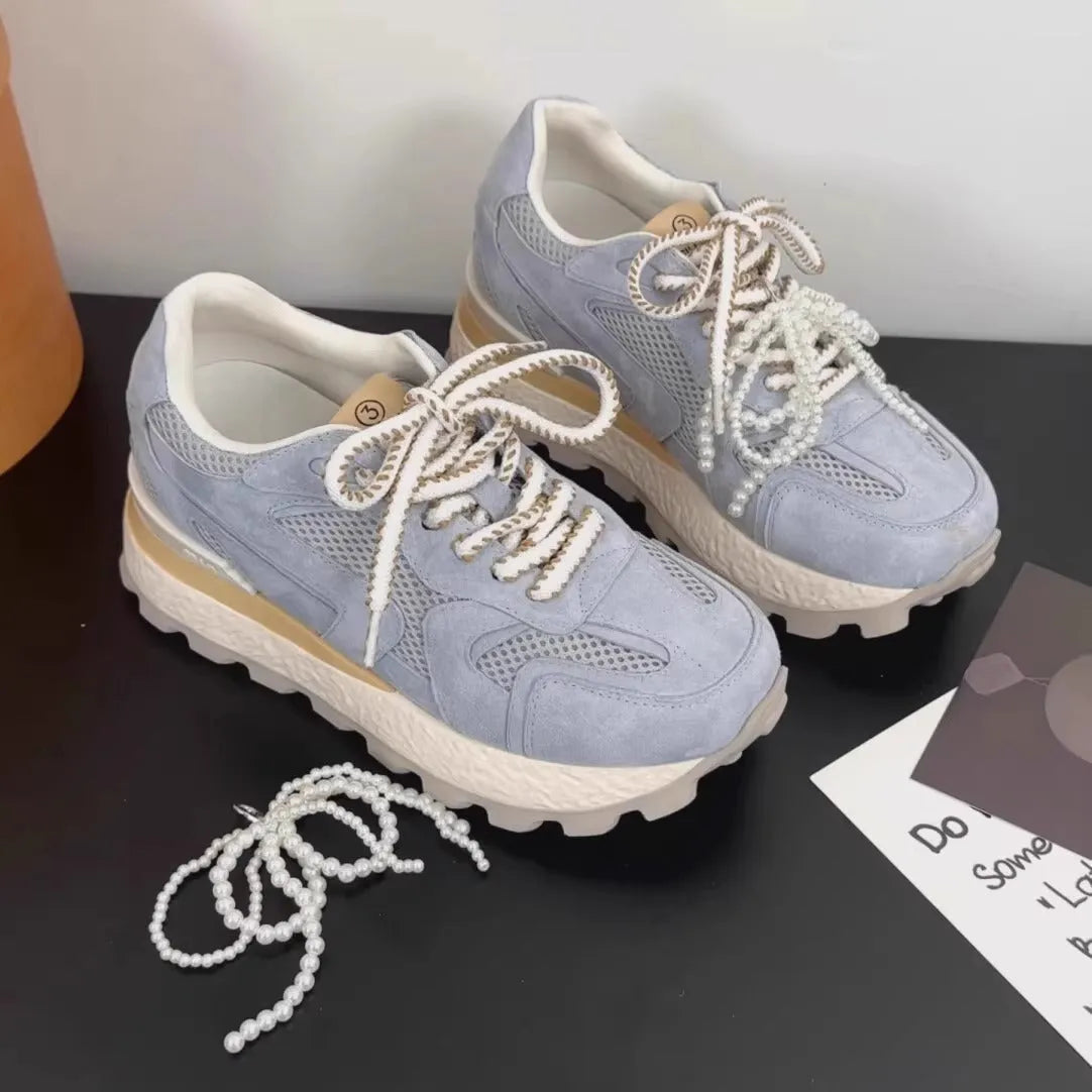 Women's platform sneakers with height-increasing insole, synthetic leather upper, rubber sole, mid heel 3-5cm, blue apricot yellow