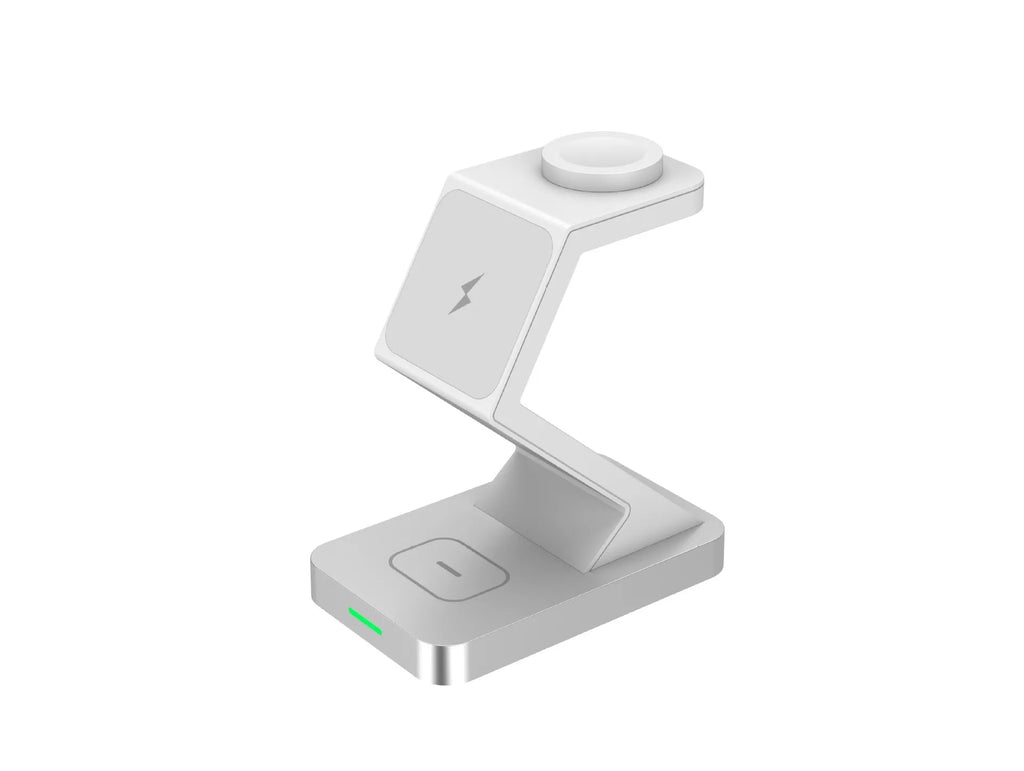 Three-in-one magnetic wireless charger phone holder in black with phone, watch and earbuds on a desktop