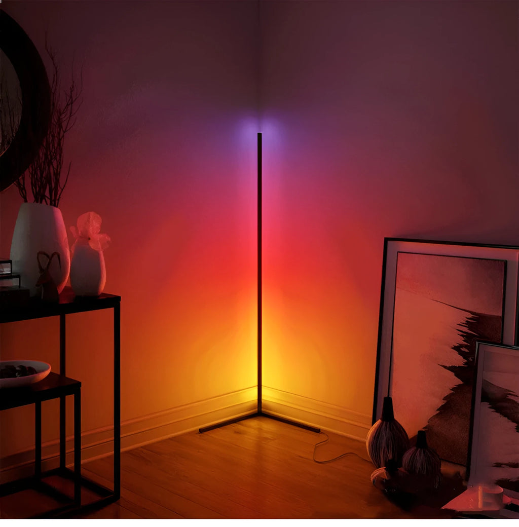 Nordic RGB LED corner floor lamp in black or white, 1.2m to 1.6m, with aluminium shade and remote control