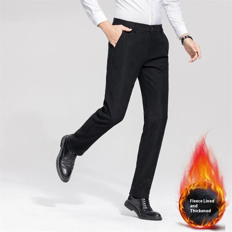 Men's fleece-lined thickened casual trousers, mid waist, zipper fly, black or navy blue, sizes 29-40