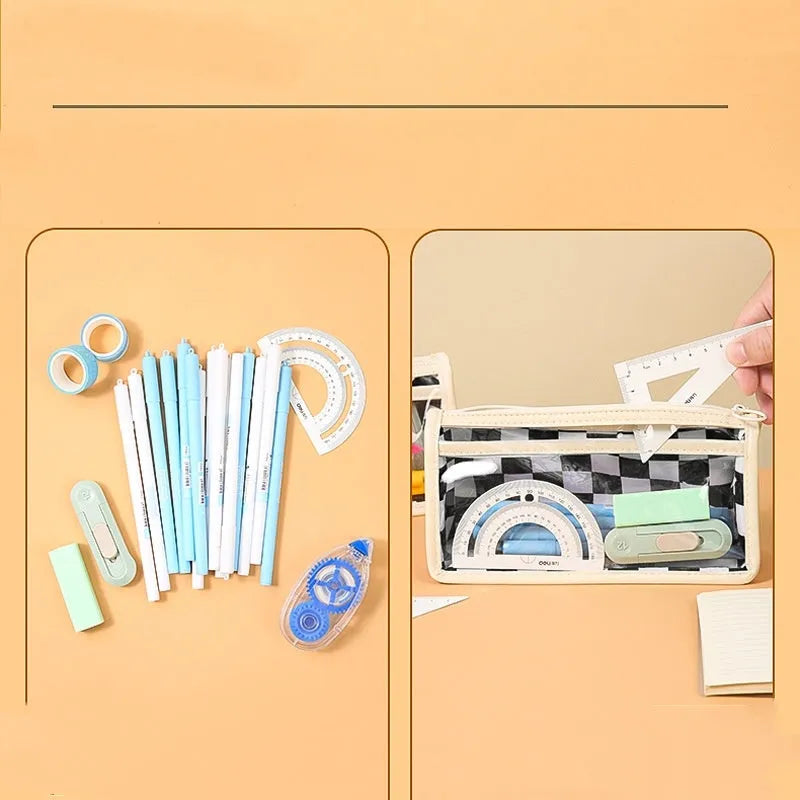 Clear PVC pencil case with chessboard pattern showing pens inside