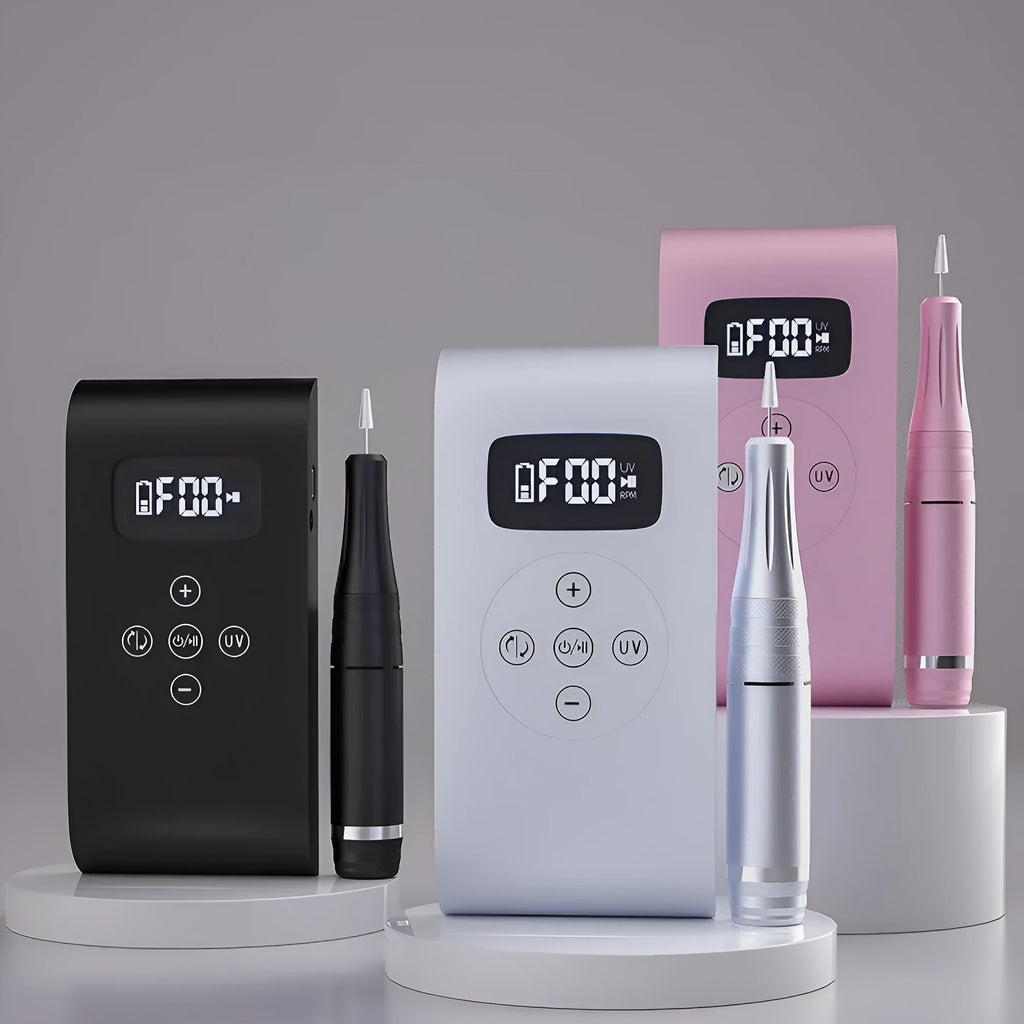 Battery nail polisher with UV lamp, stainless steel body, and 6 nail bits in silver colour