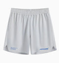 Men's grey high elasticity fitness training shorts on a gym floor.