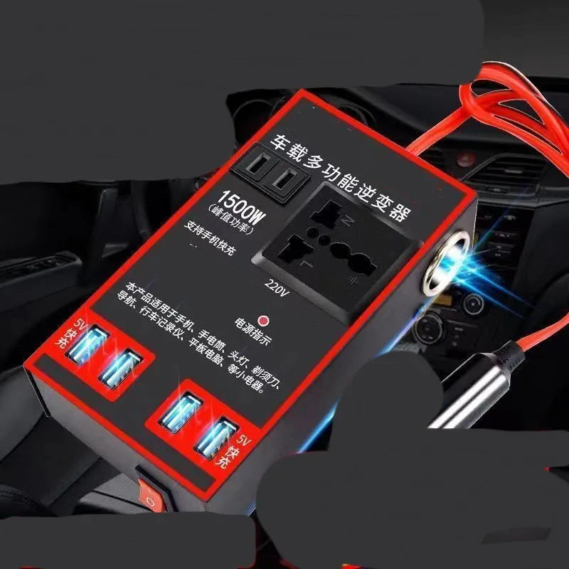 Black 12V/24V to 220V automotive power converter with 4 USB ports for car socket connection