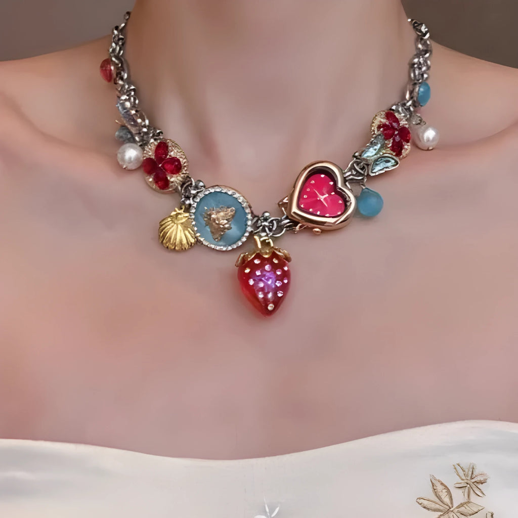 Red blue titanium steel necklace with strawberry clock and butterfly pendant