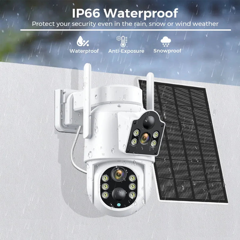 Outdoor solar-powered wireless Wi-Fi surveillance camera with solar panel on a wall.