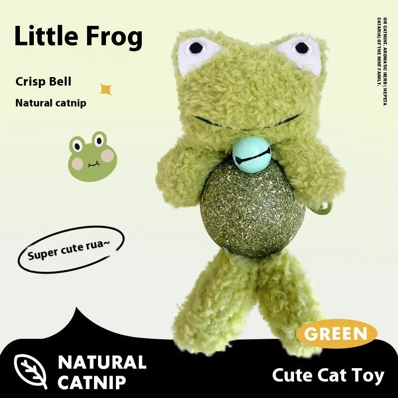 Brown Bear plush cat toy with a green mint ball and a small silver bell attached, shown next to a tape measure indicating 15cm height.
